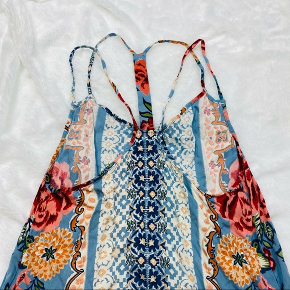 Cream & Bright Floral Mixed Print Linen Strappy Boho Shift Mini Dress - Picture 9 of 11